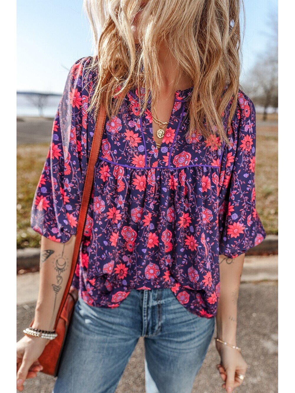 Women's Floral Navy Blue and Pink Blouse with 3/4 Sleeves